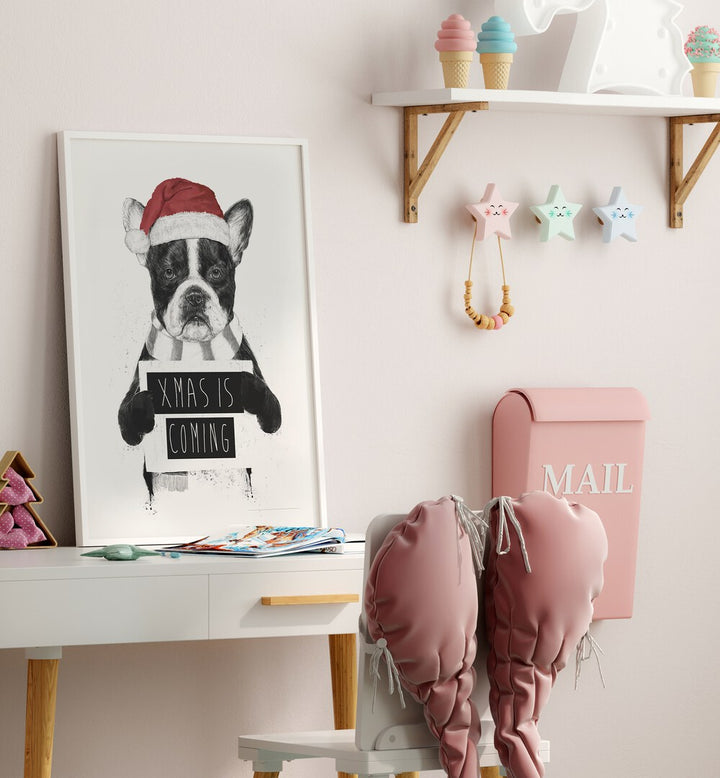 Xmas Is Coming By Balazs Solti Kids Room Art in White Plain Frame placed on a Study Table near a White Colored Wall in the Kids Room