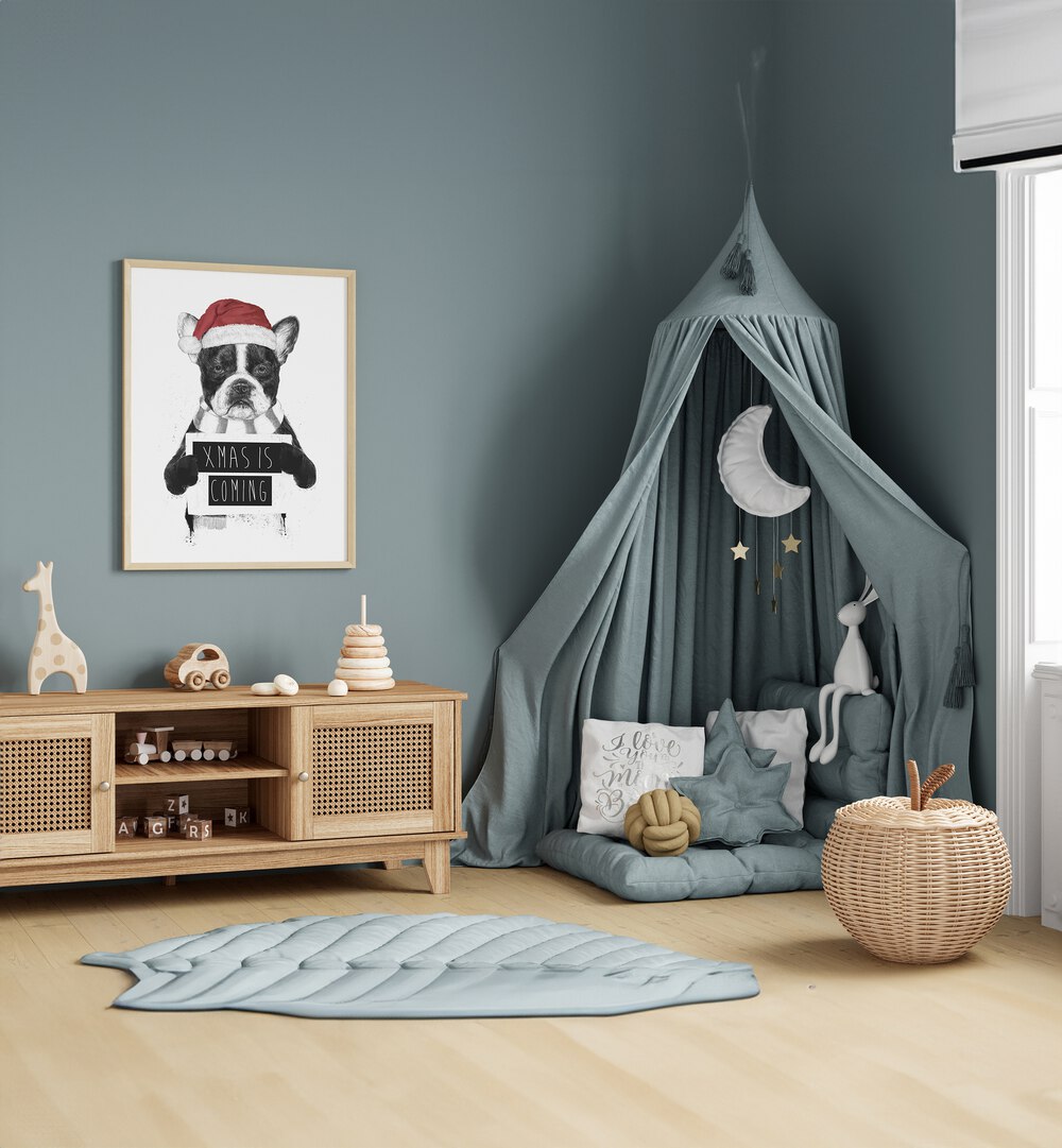 Xmas Is Coming By Balazs Solti Kids Room Art in Oak Wood Plain Frame placed on a Blue Colored Wall in the Kids Room