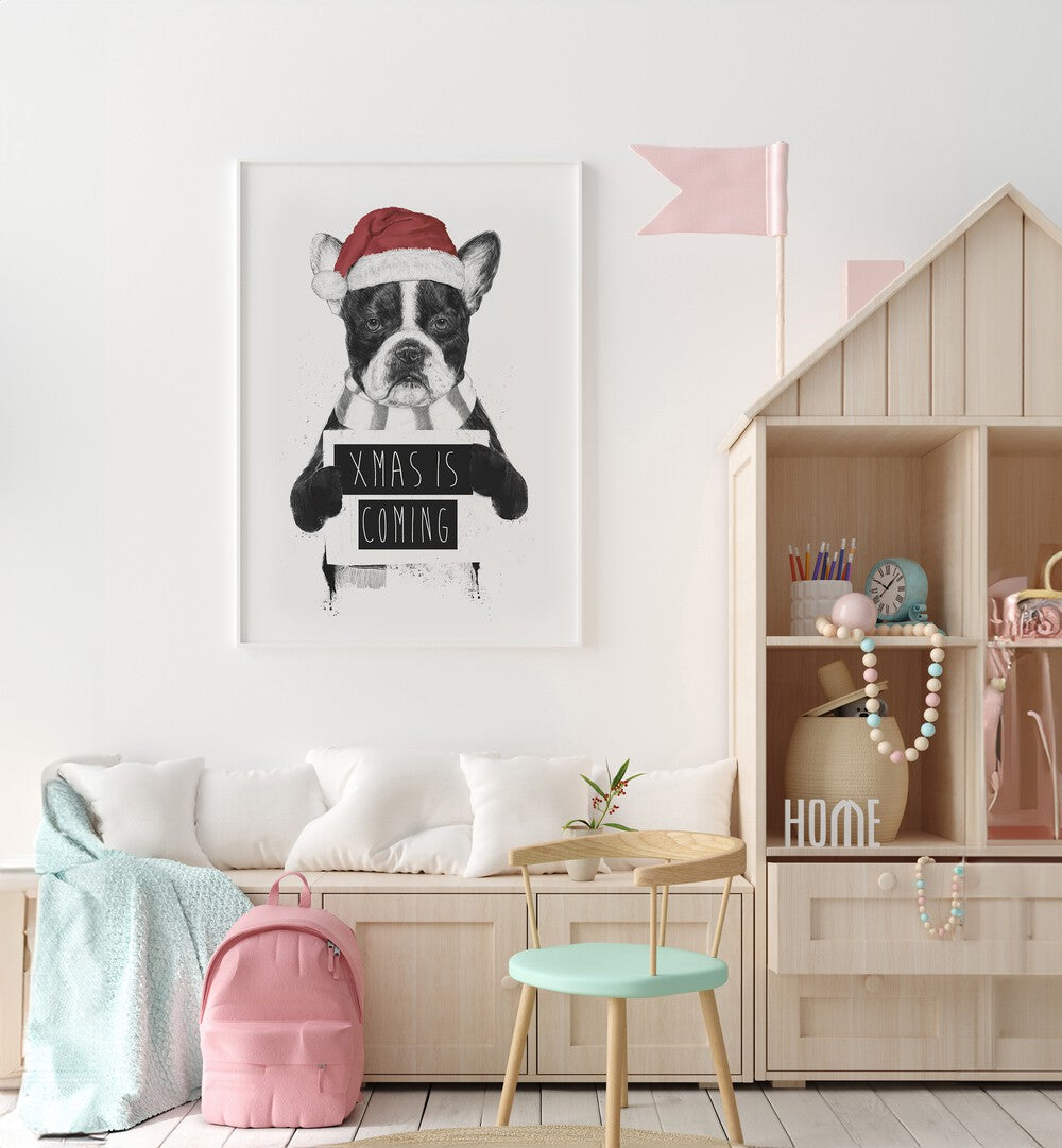 Xmas Is Coming By Balazs Solti Kids Room Art in White Plain Frame placed on a White Colored Wall in the Kids Room