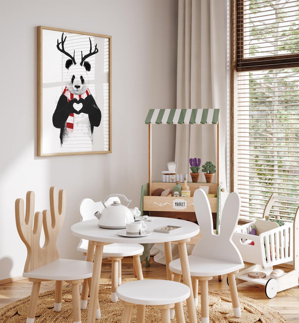 Xmas Panda By Balazs Solti Kids Room Art in Oak Wood Plain Frame placed on a White Colored Wall in the Kids Room