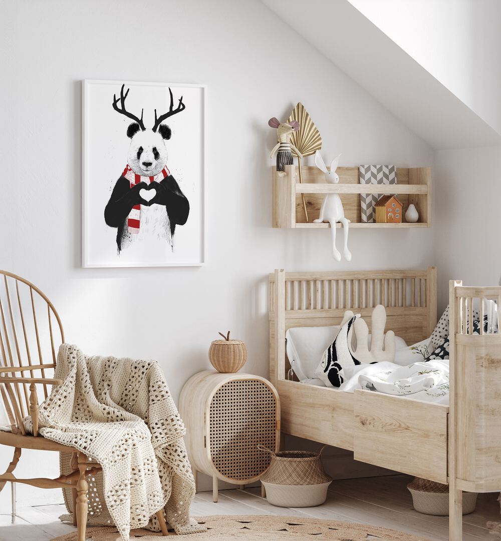 Xmas Panda By Balazs Solti Kids Room Art in White Plain Frame placed on a White Colored Wall in the Kids Room