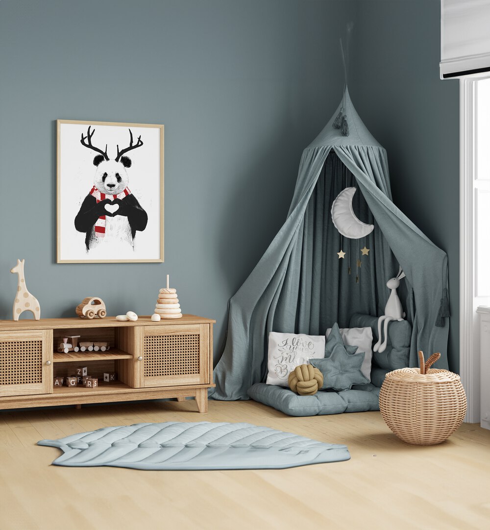 Xmas Panda By Balazs Solti Kids Room Art in Oak Wood Plain Frame placed on a Blue Colored Wall in the Kids Room