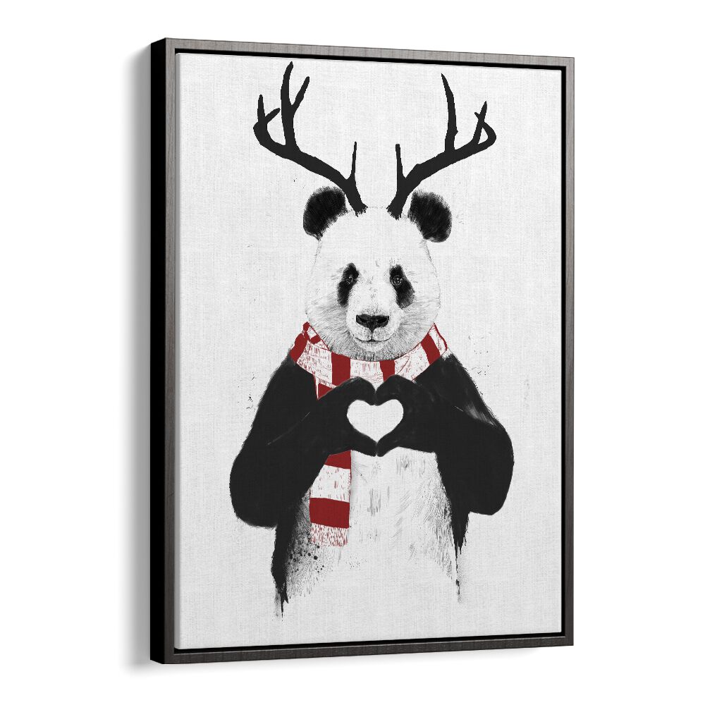 Xmas Panda By Balazs Solti Kids Room Art in Black Floater Frame