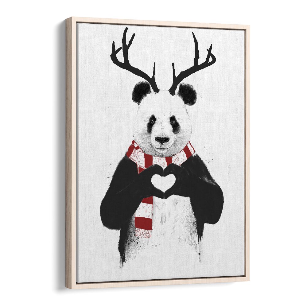 Xmas Panda By Balazs Solti Kids Room Art in Oak Wood Floater Frame