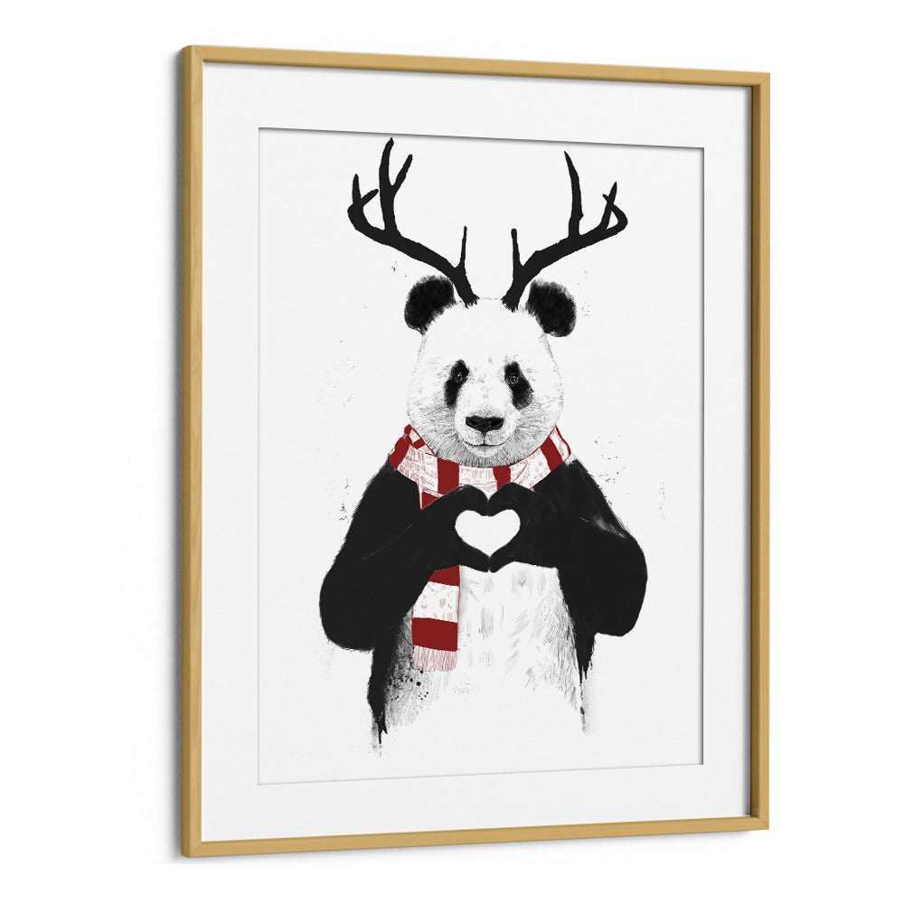 Xmas Panda By Balazs Solti Kids Room Art in Oak Wood Frame With Mount