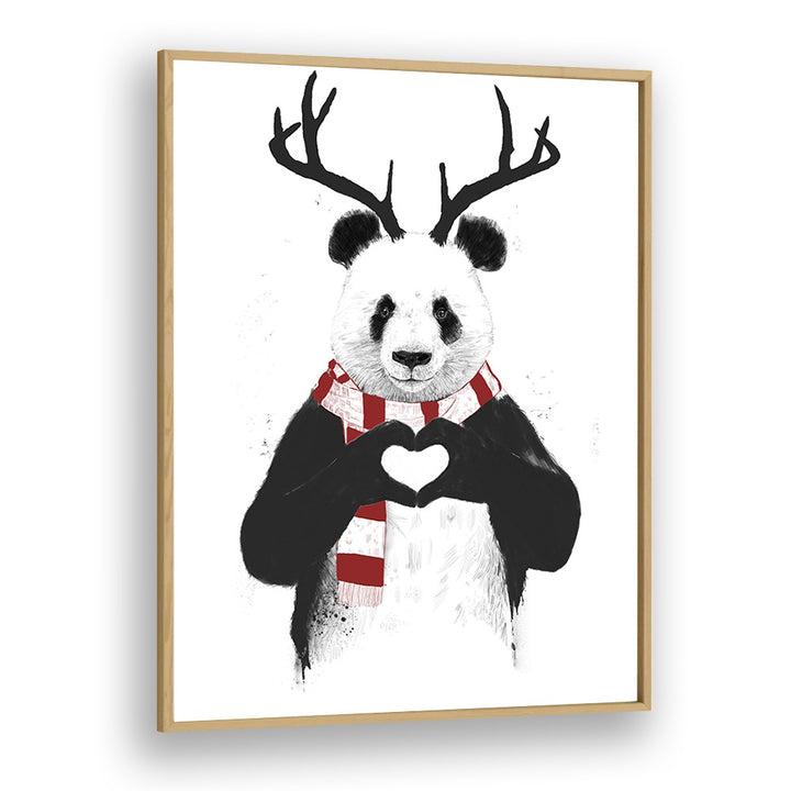 Xmas Panda By Balazs Solti Kids Room Art in Oak Wood Plain Frame