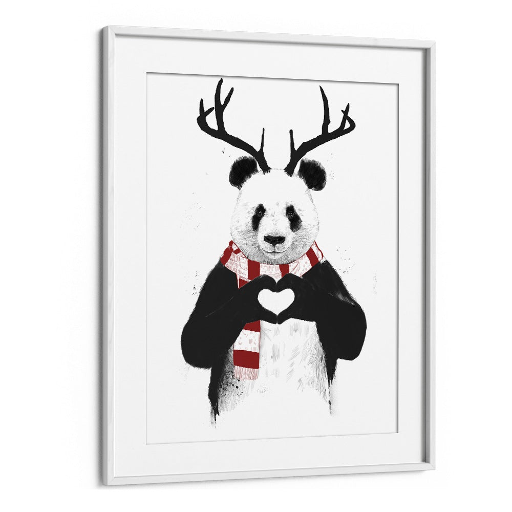 Xmas Panda By Balazs Solti Kids Room Art in White Frame With Mount