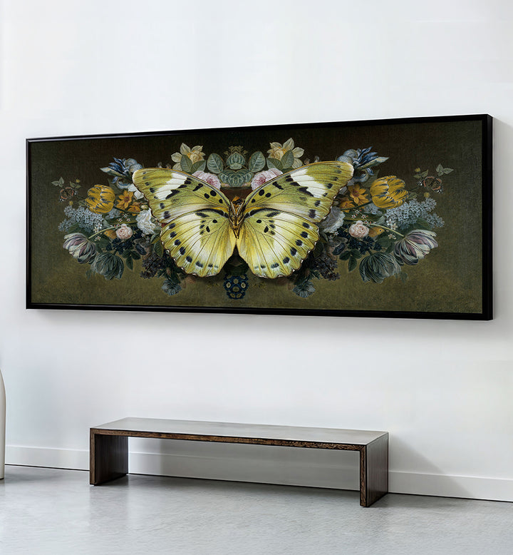 YELLOW BUTTERFLY FLORAL SYMMETRY , PANORAMIC ART