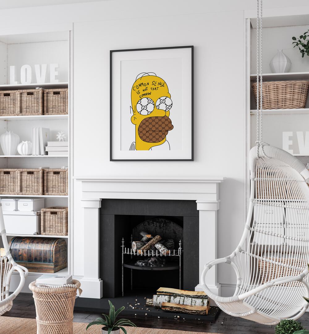 Yellow Simpson Comic Art Artwork in Black Frame With Mount Placed on a White Wall above a fire Place in the Drawing room