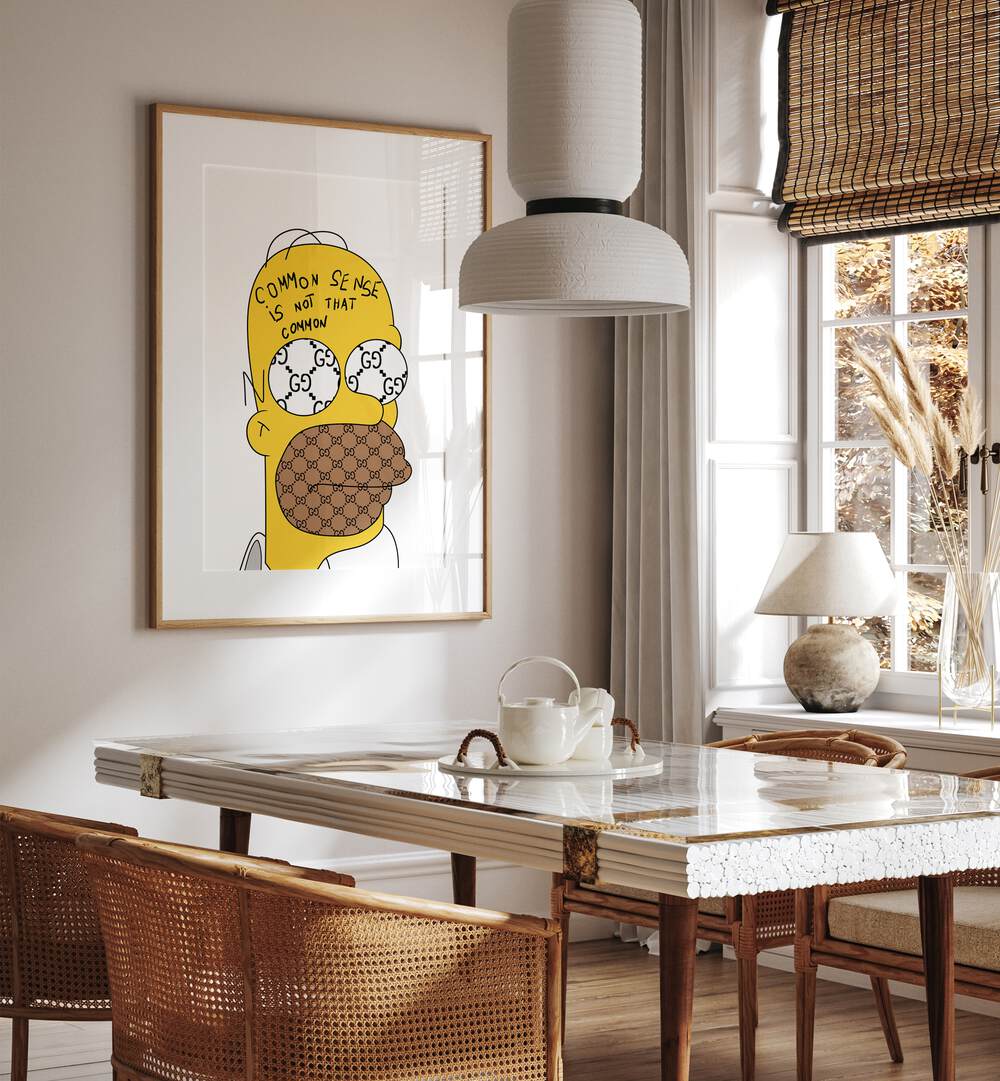 Yellow Simpson Comic Art Artwork in Oak Wood Frame With Mount Placed on a white wall near a dinning table in the dinning room