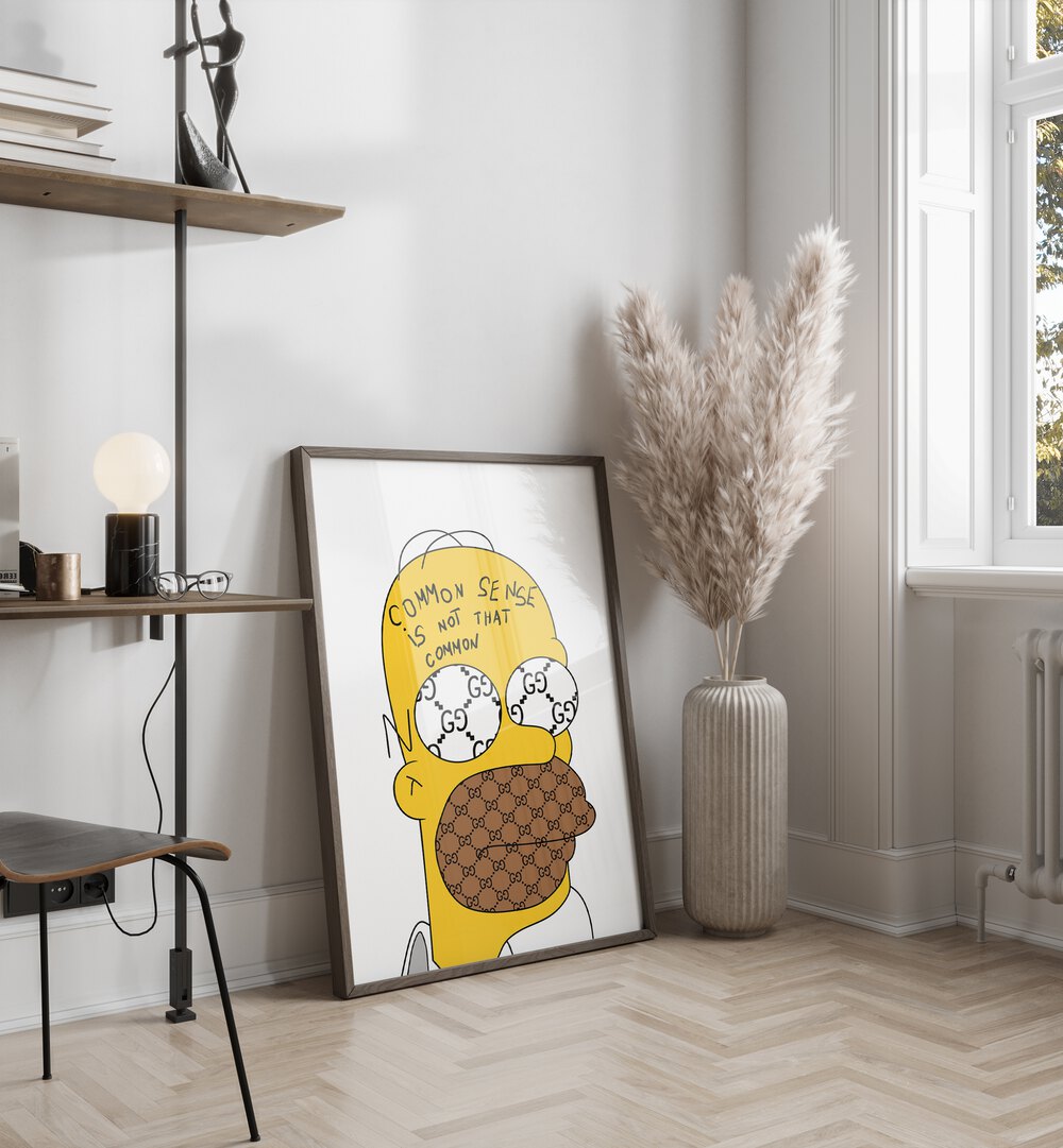 Yellow Simpson Comic Art Artwork in Dark Wood Plain Frame Placed on the Floor next to a White Wall