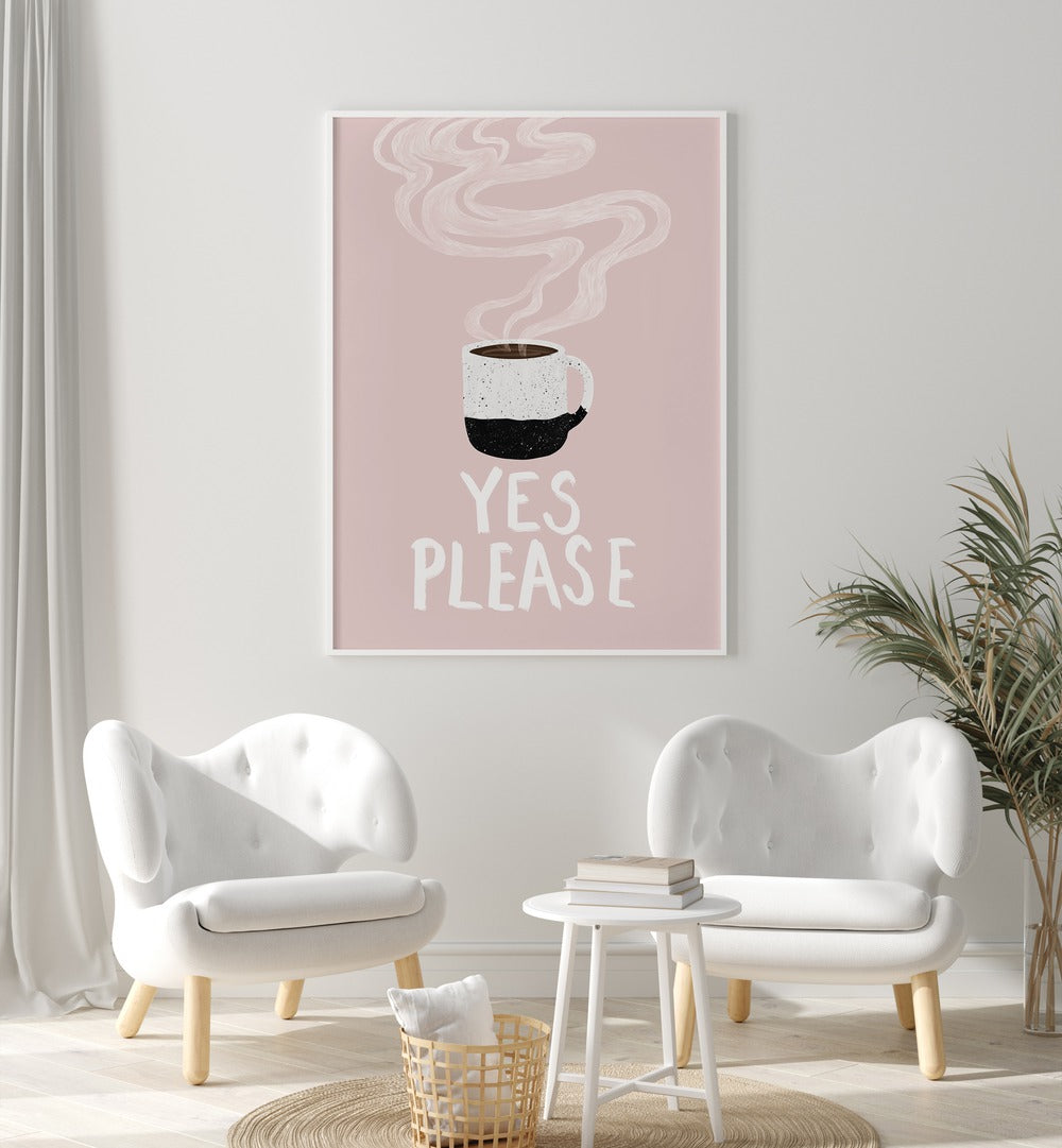 Chic decor featuring the "YES PLEASE , BAR" art print with a steaming coffee mug in a stylish cafe setting.
