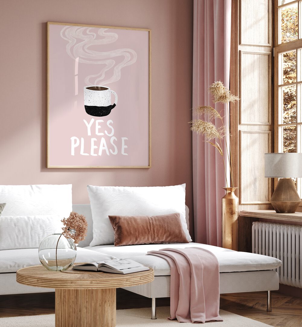 Cozy living space featuring the "YES PLEASE, BAR" cafe art print above a stylish sofa with warm decor accents.