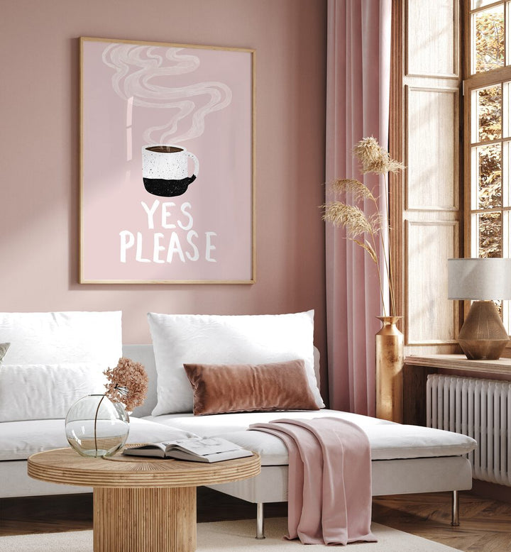 Cozy living space featuring the "YES PLEASE, BAR" cafe art print above a stylish sofa with warm decor accents.