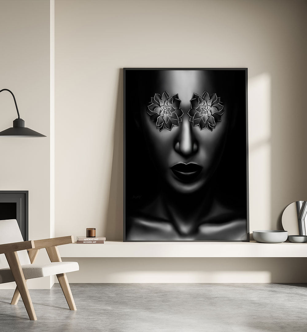 Bold black-and-white artwork featuring floral elements, perfect for modern decor with YEUX FLEUR, POP ART PAINTINGS.