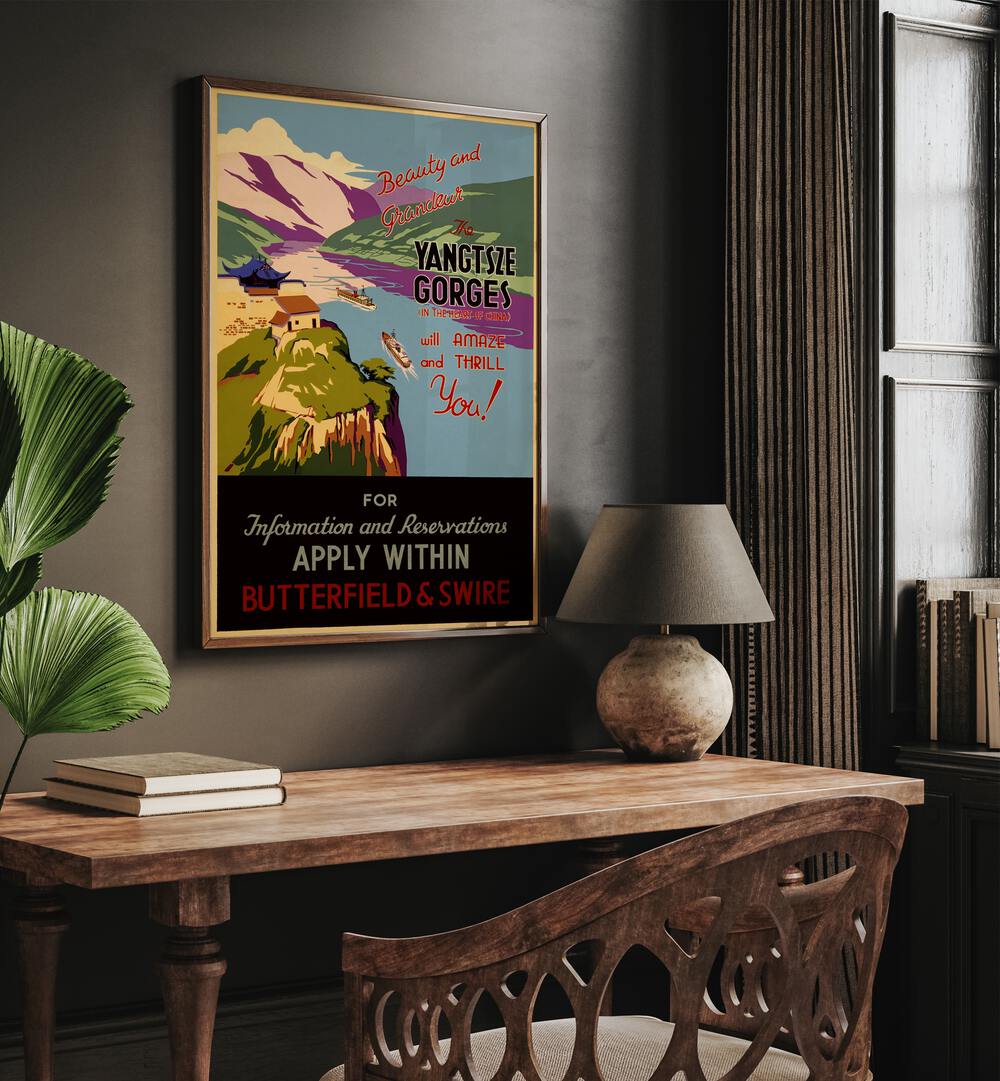 Yangtze Gorges  Retro Travel Posters in Oak Wood Plain Frame placed on a wall behind a study table