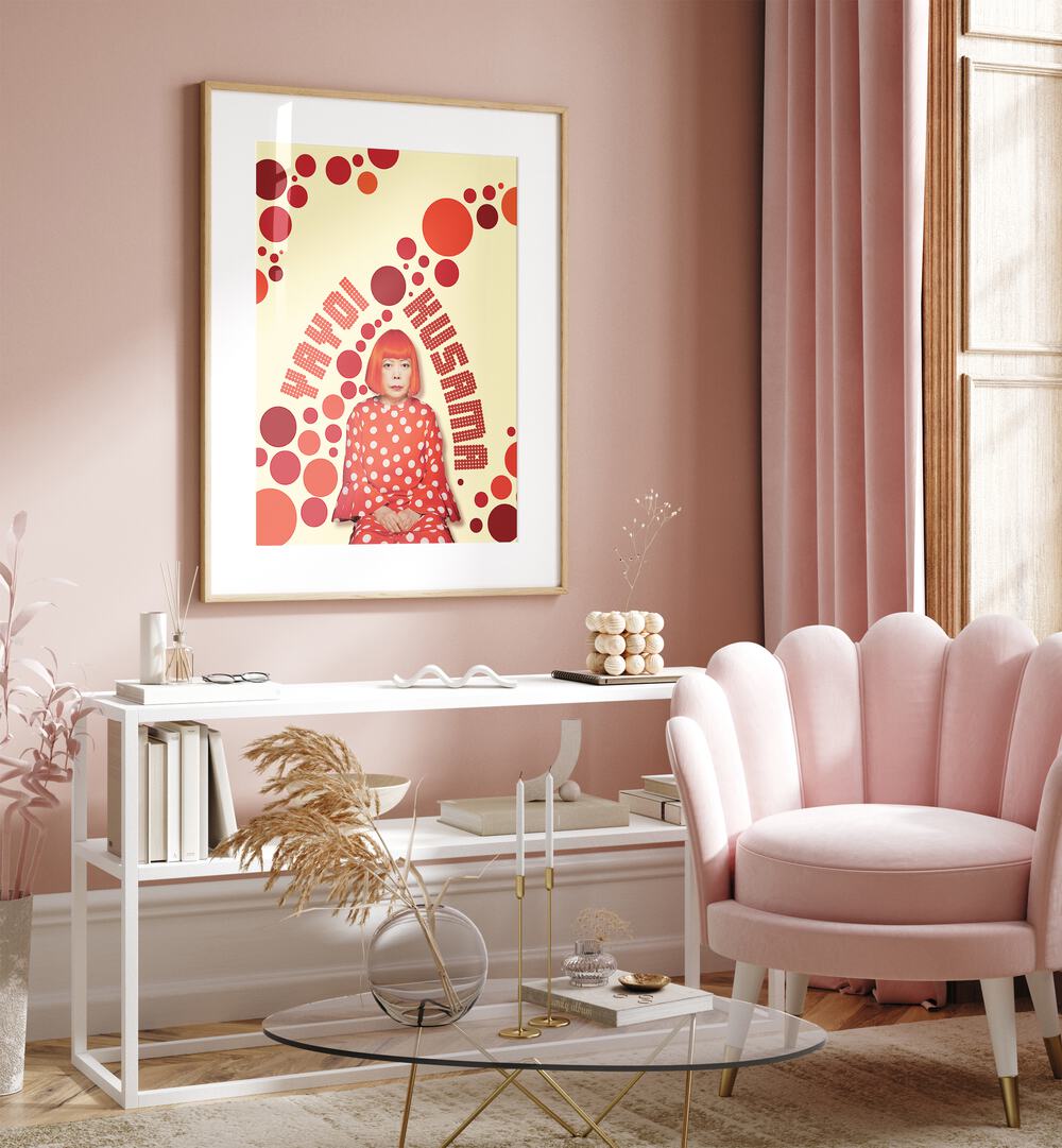 Yayoi Kusama By Grishma Korjani Artist Tribute Posters in Oak Wood Frame With Mount placed on a Pink Colored Wall in the Drawing Room