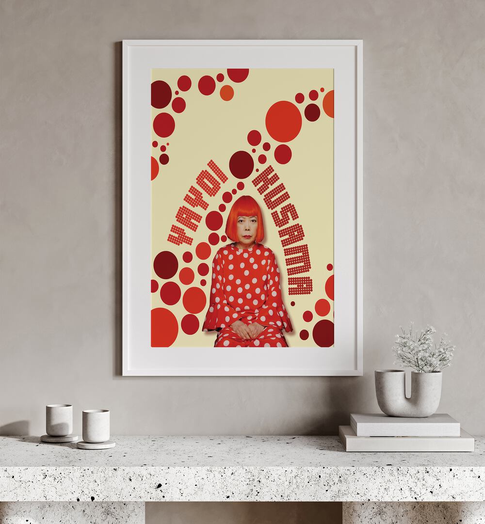 Yayoi Kusama By Grishma Korjani Artist Tribute Posters in White Frame With Mount placed on a Beige Colored Wall 