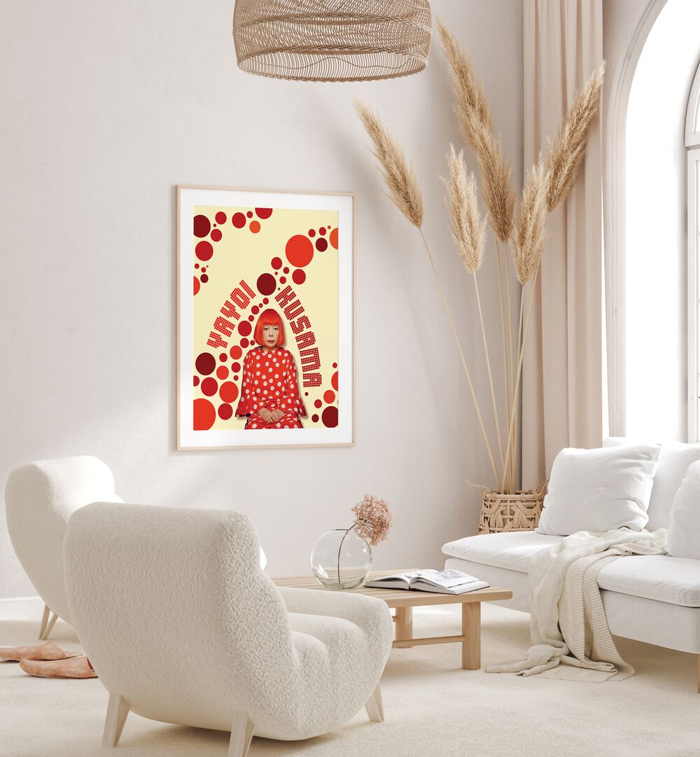 Yayoi Kusama By Grishma Korjani Artist Tribute Posters in Oak Wood Frame With Mount placed on a Cream Colored Wall in the Living Room