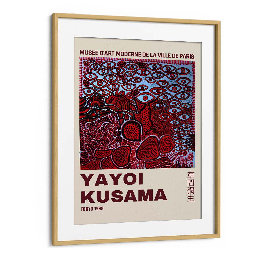 Yayoi Kusama III Japanese Vintage Paintings in Oak Wood Frame With Mount