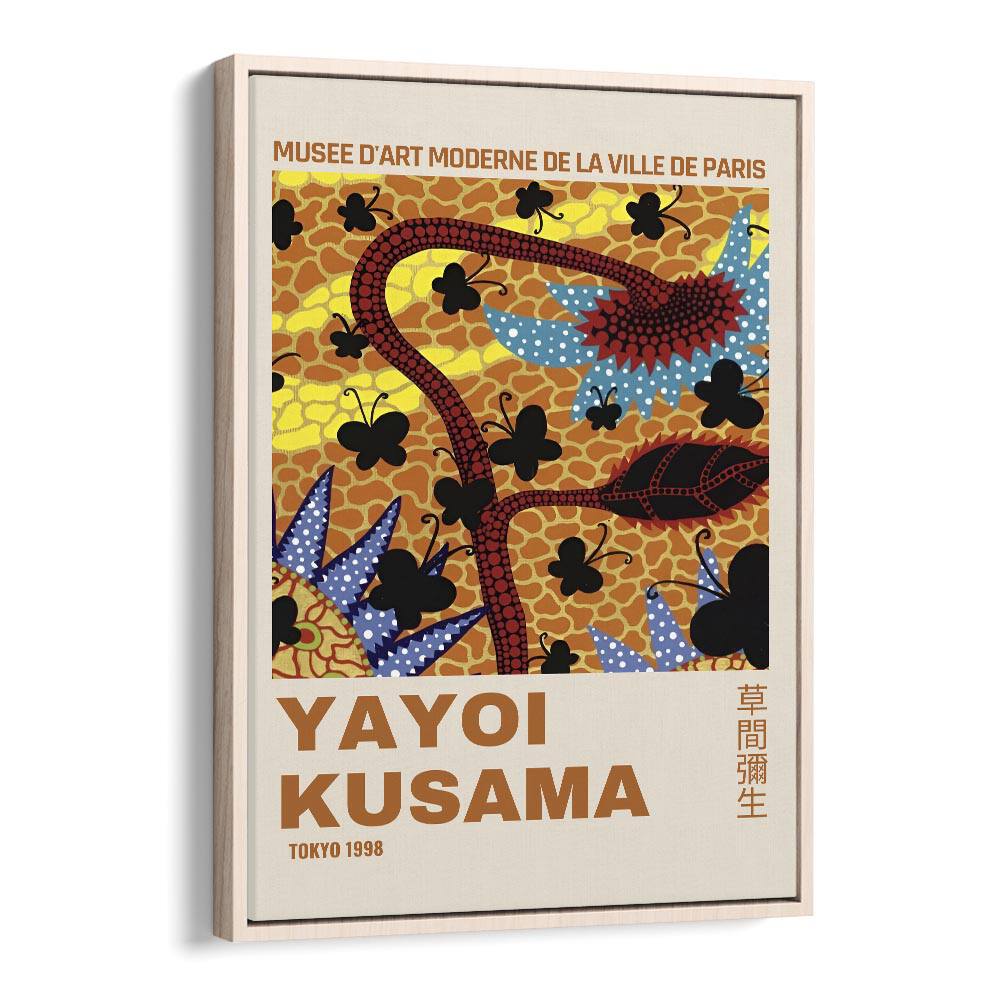 Yayoi Kusama IV Japanese Vintage Paintings in Oak Wood Floater Frame