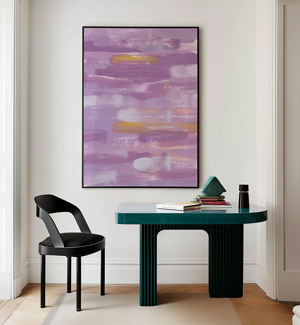 Yellow Accents By Ania Zwara Abstract Paintings Abstract Art Prints in Black Plain Frame placed on a Cream Colored Wall near a Table in a Workspace in the Drawing Room