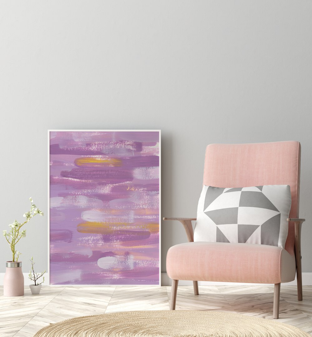 Yellow Accents By Ania Zwara Abstract Paintings Abstract Art Prints in White Plain Frame placed on the floor near a Grey Colored Wall in the Drawing Room