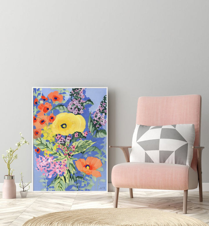 Yellow And Orange Poppies By Ania Zwara Botanical Art Prints Floral Paintings in White Plain Frame placed on the floor near a Grey Colored Wall in the Drawing Room