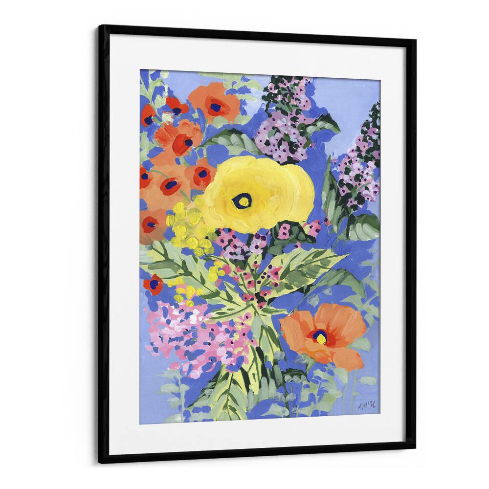 Yellow And Orange Poppies By Ania Zwara Botanical Art Prints Floral Paintings in Black Frame With Mount