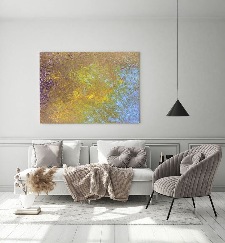 Yellow Fever Abstract Art Abstract Paintings in Gallery Wrap placed on a White Colored Wall near a White Sofa in the Living Room