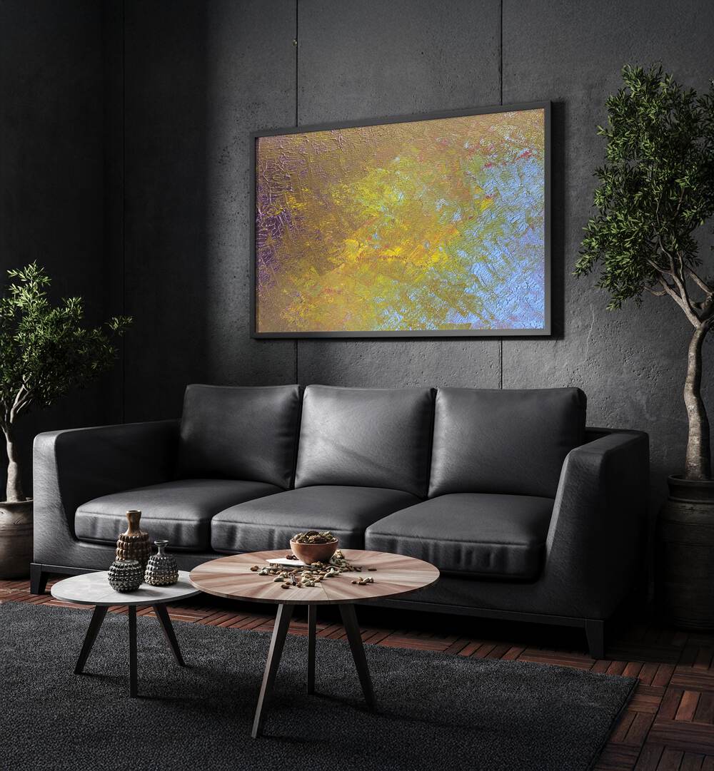 Yellow Fever Abstract Art Abstract Paintings in Black Plain Frame placed on a Dark Grey Colored Wall near a Black  Sofa in the Living Room