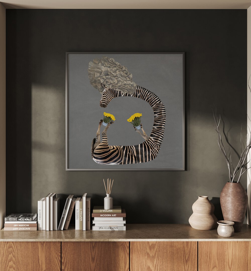 Yellow Flowers In A Bucket Surreal Art Prints Surrealism in Black Plain Frame placed on a Dark Grey Colored Wall above a Console Table in the Living Room