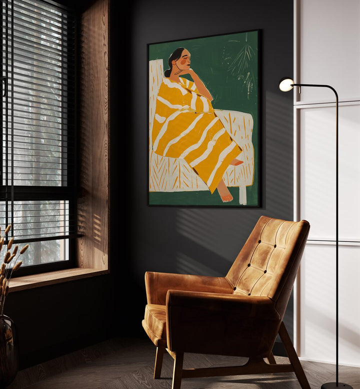 Yellow Plum  Women Illustrations paintings in Black Plain Frame on a wall beside an orange sofa