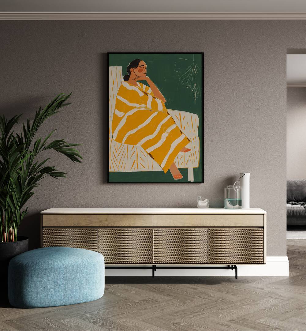 Yellow Plum  Women Illustrations paintings in Black Plain Frame placed on a wall behind a console table