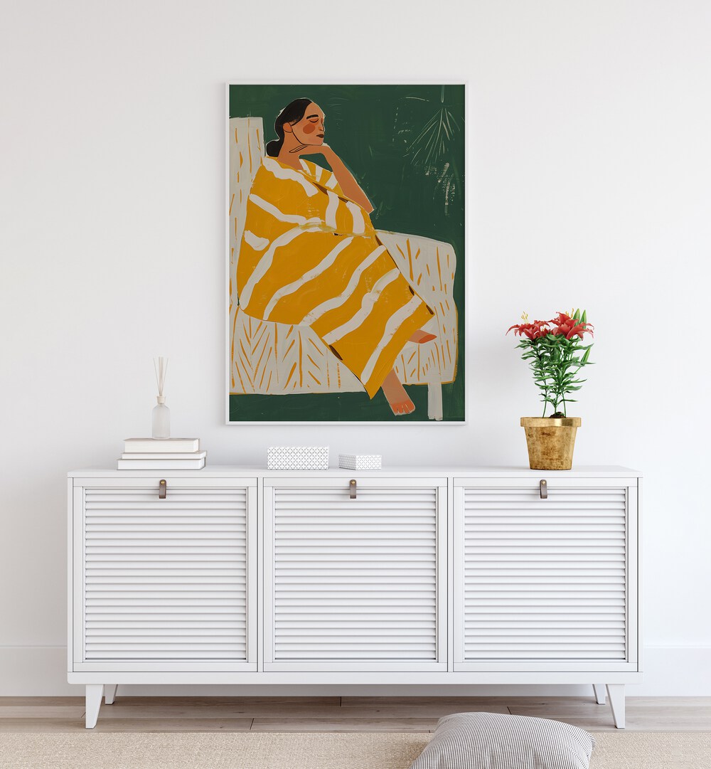 Yellow Plum  Women Illustrations paintings in White Plain Frame placed on a wall behind a console table