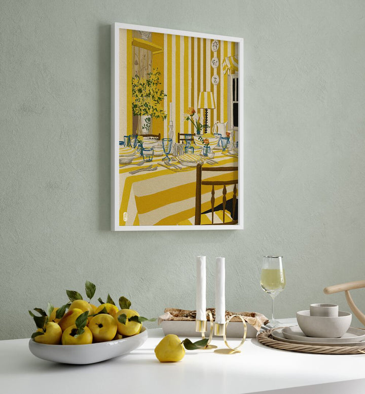 Yellow Room Portrait by Dianne Nicole Fernando Kitchen Posters in White Plain Frame placed on a wall behind a dining table for dining area