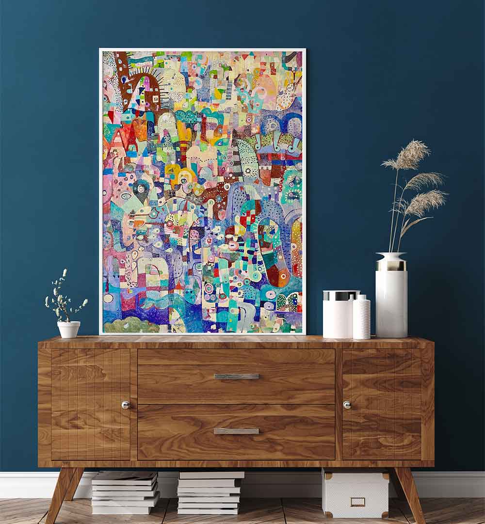 YELLOW LANDSCAPE , ABSTRACT PAINTINGS: framed warm yellow and earth-toned abstract landscape above wooden console with decorative vases