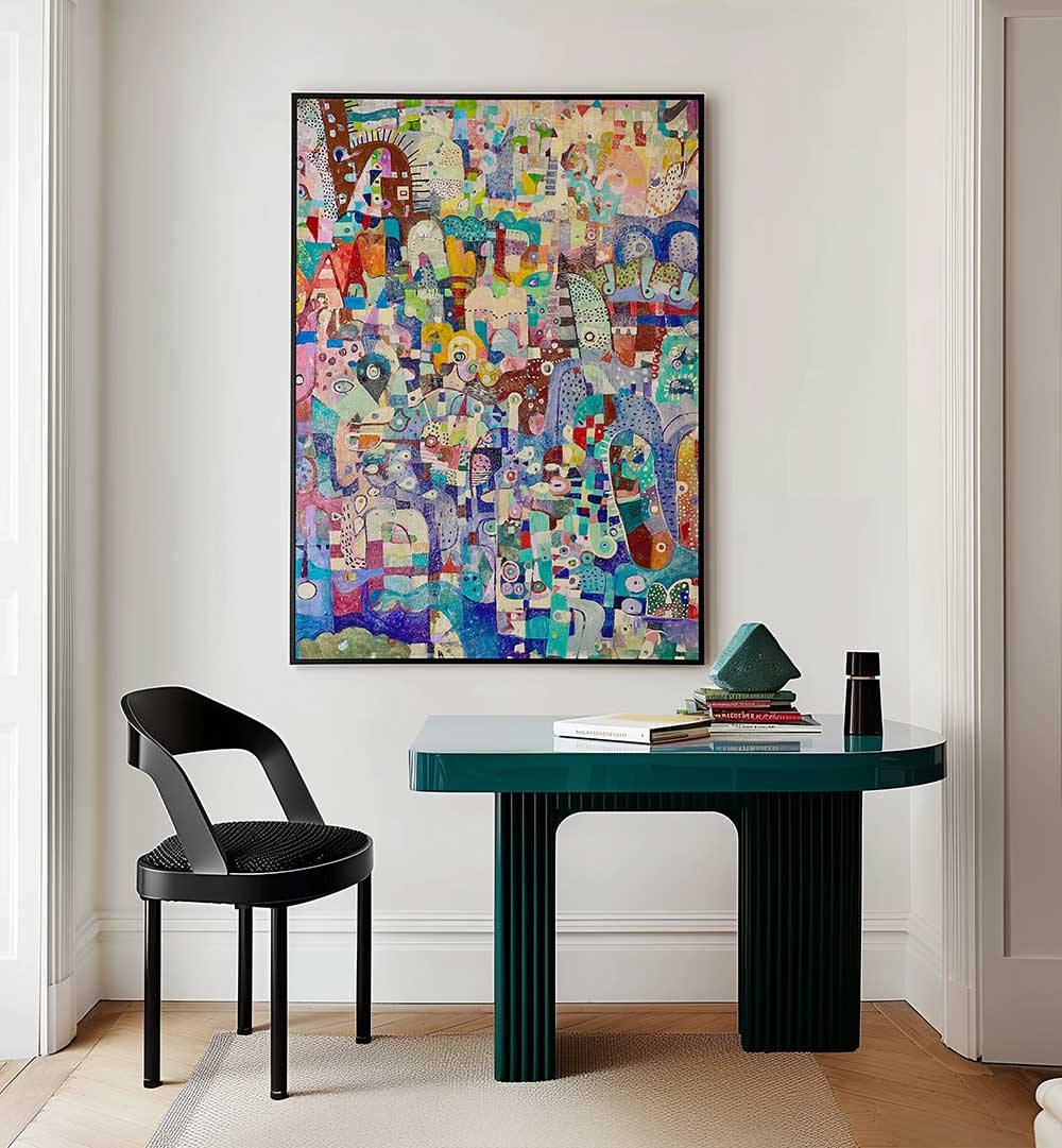 Framed YELLOW LANDSCAPE , ABSTRACT PAINTINGS on gallery wall with textured yellow and earth-toned brushstrokes