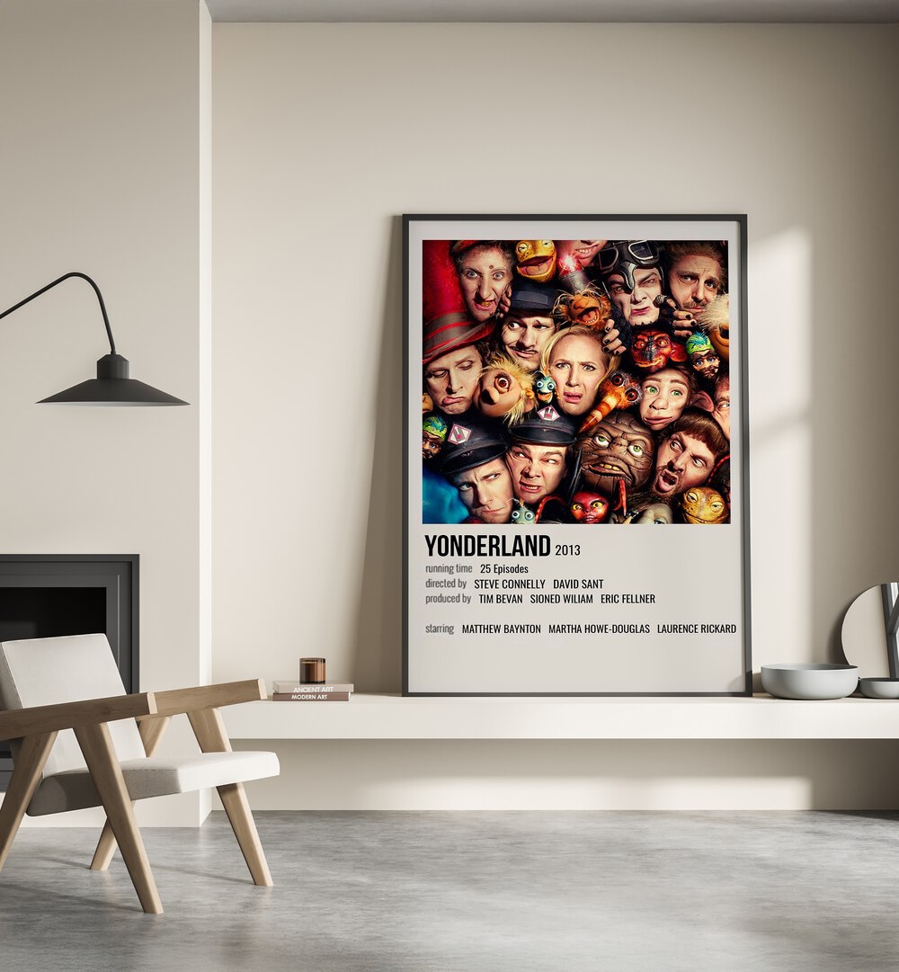 Yonderland 2013 Movie Posters in Black Plain Frame placed on a shelf 