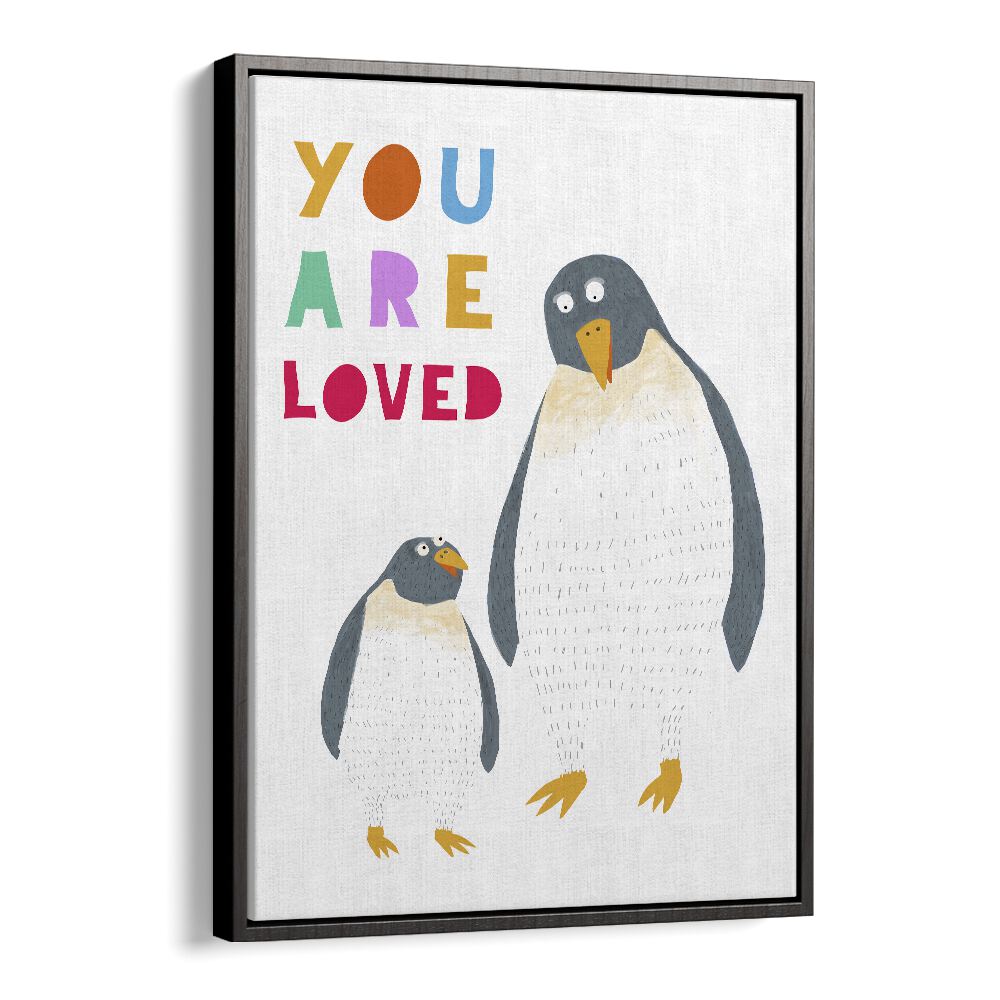 You Are Loved Mommy And Baby Penguin By Carla Daly Kids Painting in Black Floater Frame