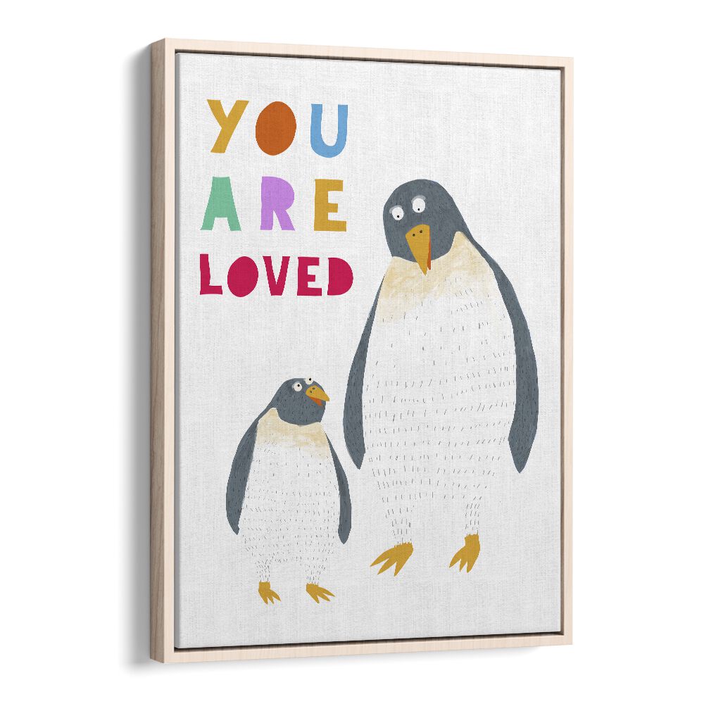 You Are Loved Mommy And Baby Penguin By Carla Daly Kids Painting in Oak Wood Floater Frame