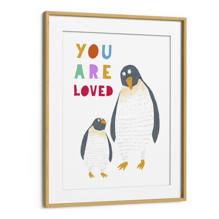 You Are Loved Mommy And Baby Penguin By Carla Daly Kids Painting in Oak Wood Frame With Mount