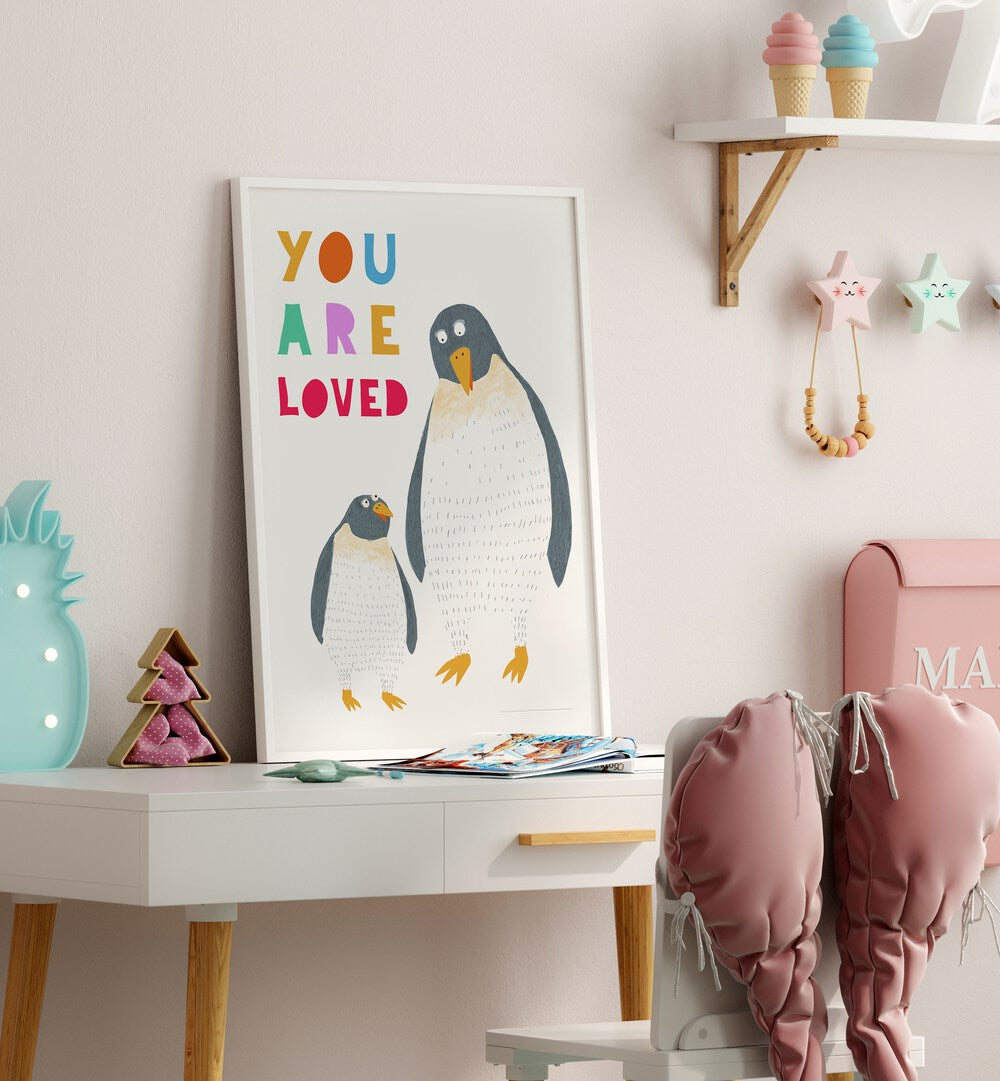 You Are Loved Mommy And Baby Penguin By Carla Daly Kids Paintings placed on a wall