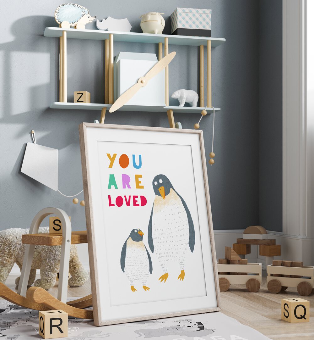 You Are Loved Mommy And Baby Penguin By Carla Daly Kids Paintings placed on a wall