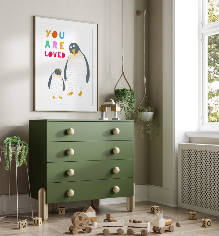 You Are Loved Mommy And Baby Penguin By Carla Daly Kids Paintings placed on a wall