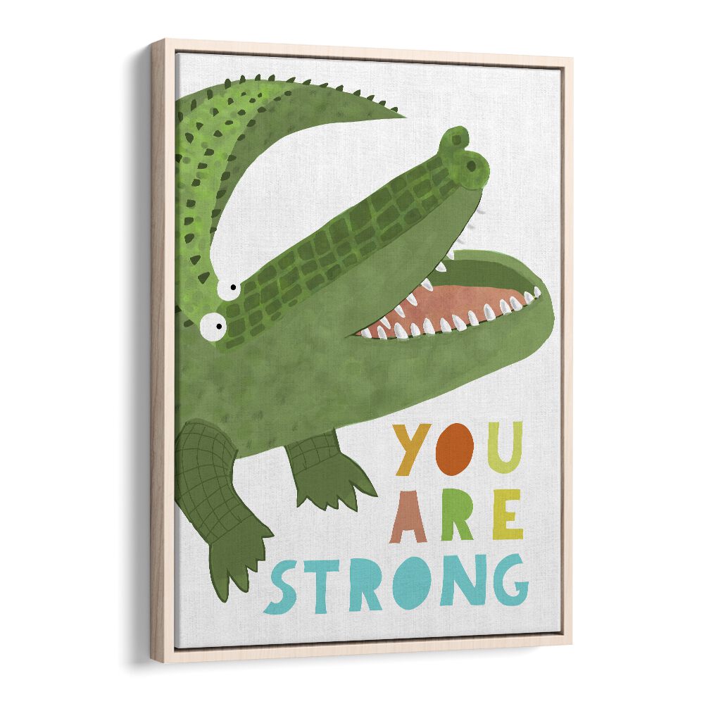 You Are Strong Funny Alligator With Tail By Carla Daly Kids Painting in Oak Wood Floater Frame