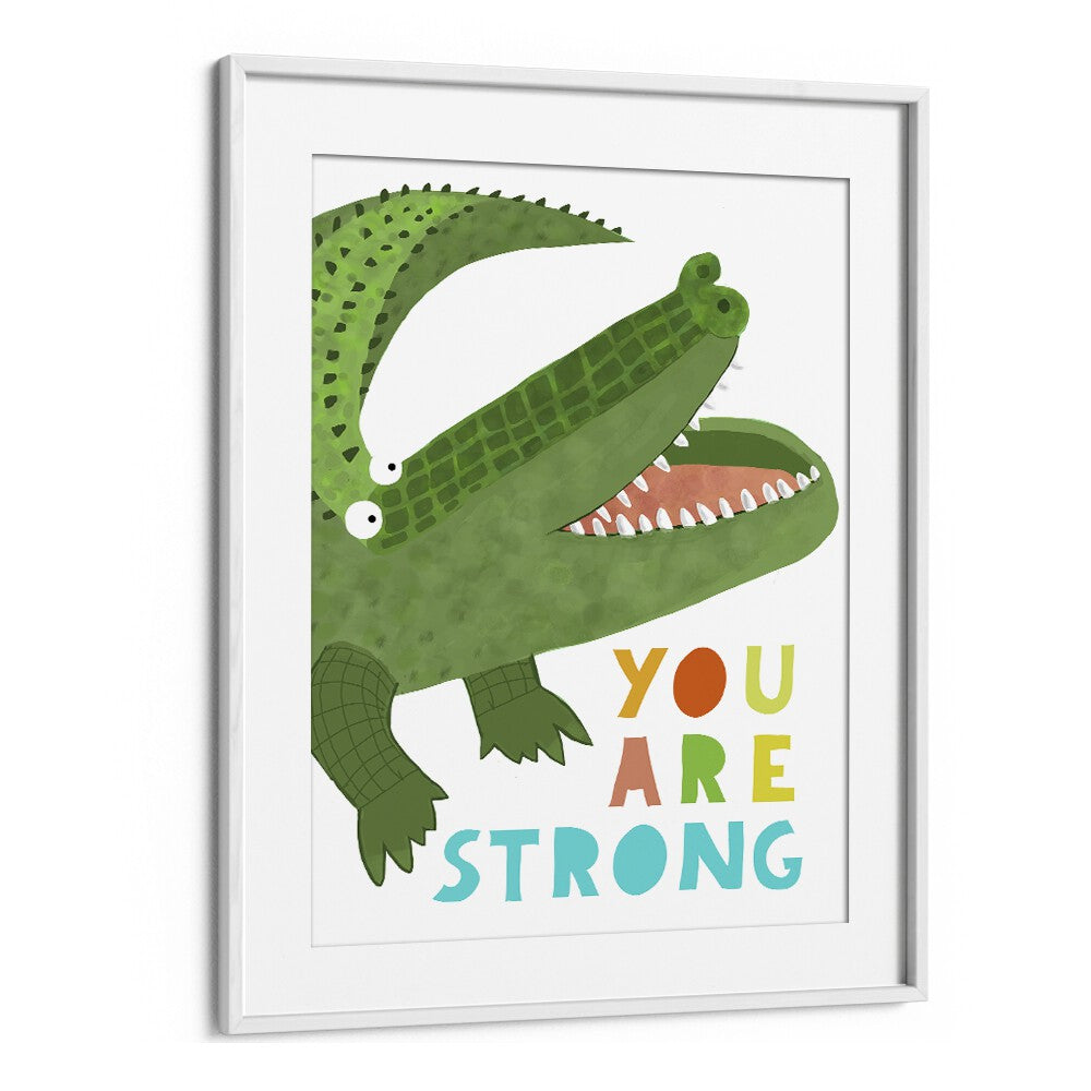 You Are Strong Funny Alligator With Tail By Carla Daly Kids Painting in White Frame With Mount