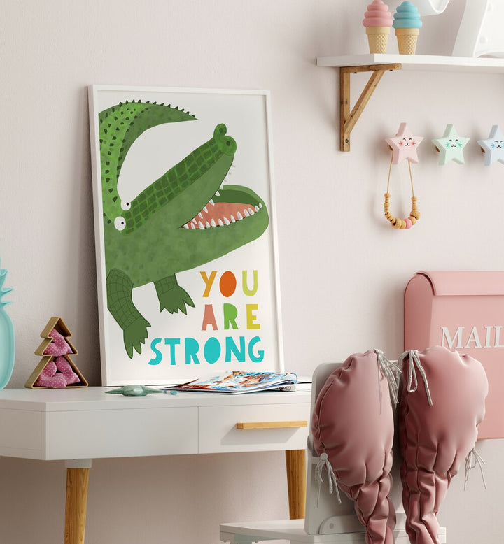 You Are Strong Funny Alligator With Tail By Carla Daly Kids Paintings placed on a wall