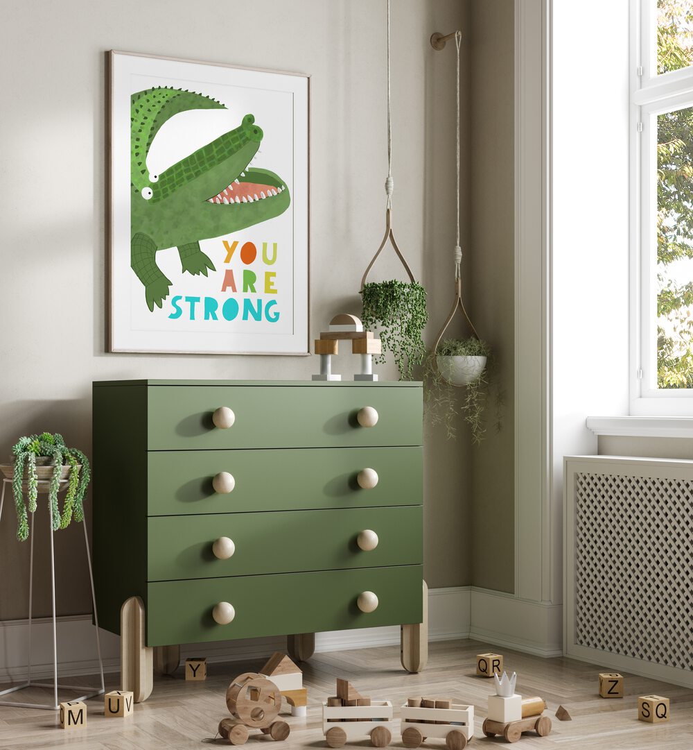 You Are Strong Funny Alligator With Tail By Carla Daly Kids Paintings placed on a wall