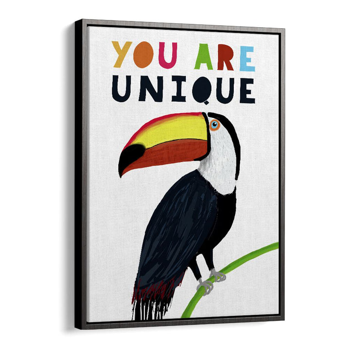 You Are Unique Colorful Toucan With Colorful Text By Carla Daly Kids Painting in Black Floater Frame